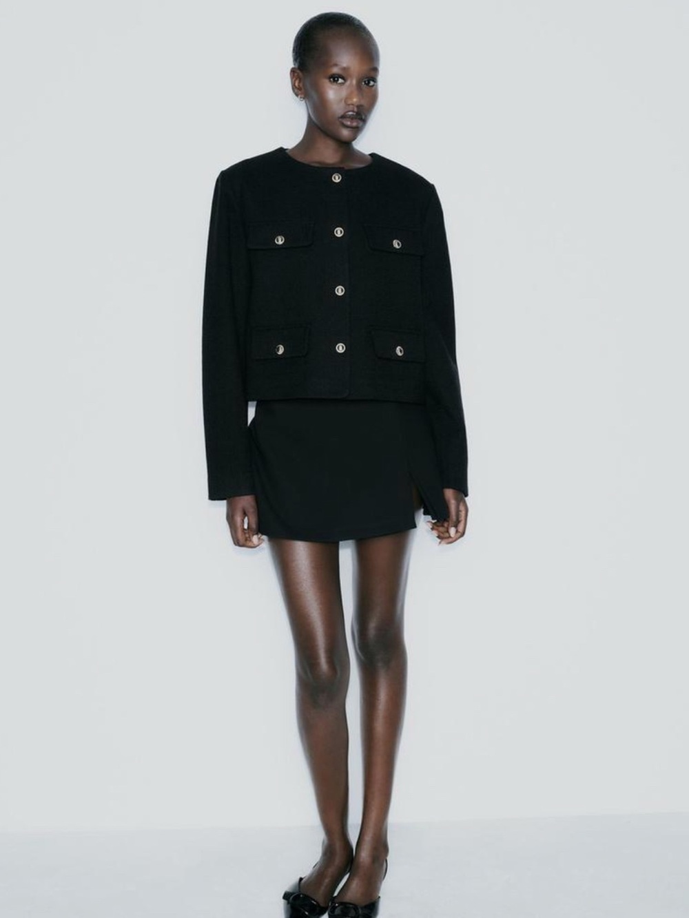 Zara Black Cropped Textured Jacket with Gold Crest Buttons